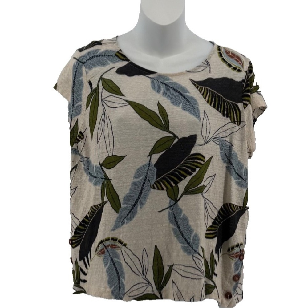 Tahari 100% Linen Top Womens Large Botanical Leaf Print Short Sleeve Blouse